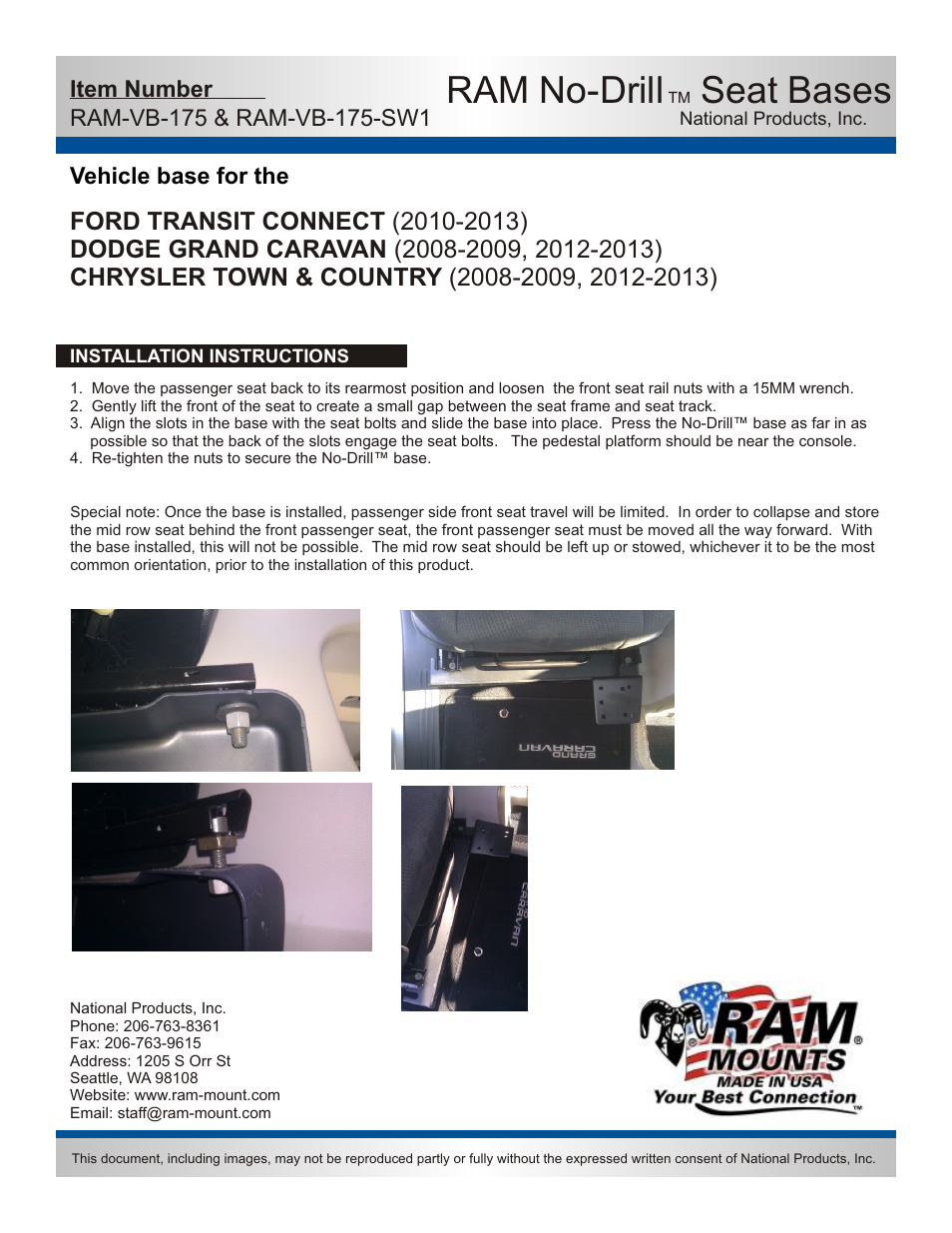 Ram no-drill, Seat bases | RAM Mount RAM-VB-175-SW1 User Manual | Page 2 / 2