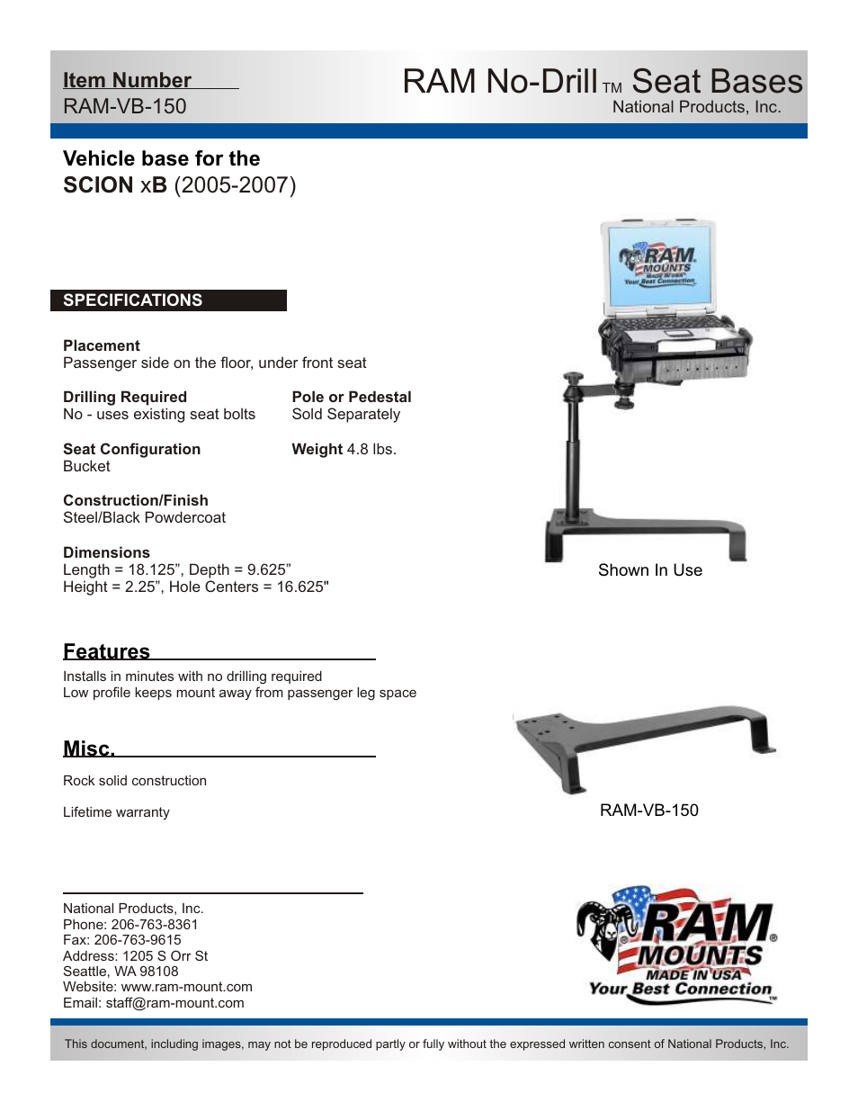 RAM Mount RAM-VB-150-SW1 User Manual | 2 pages