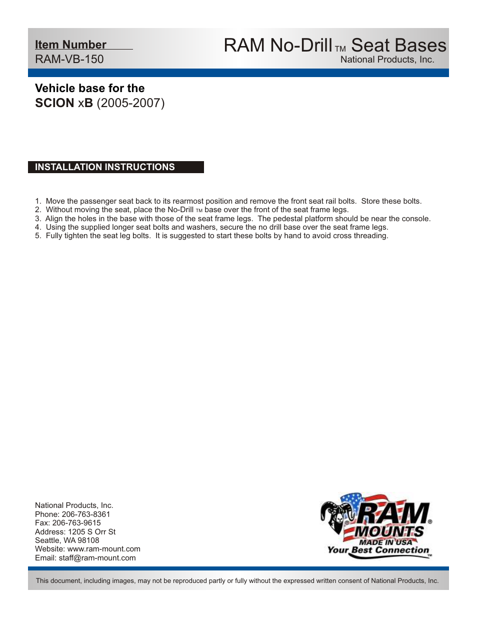 Ram no-drill, Seat bases | RAM Mount RAM-VB-150-SW1 User Manual | Page 2 / 2