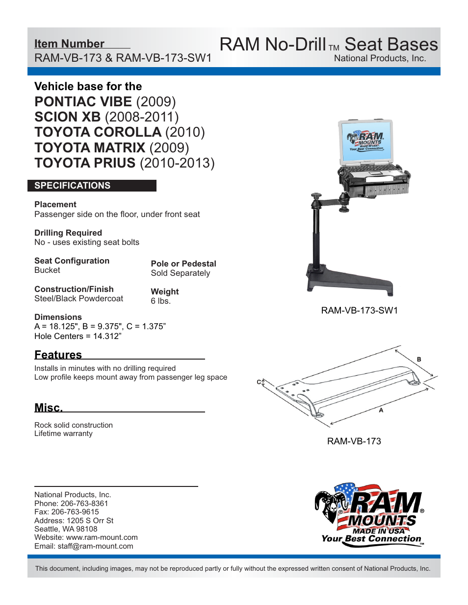 RAM Mount RAM-VB-173-SW1 User Manual | 2 pages