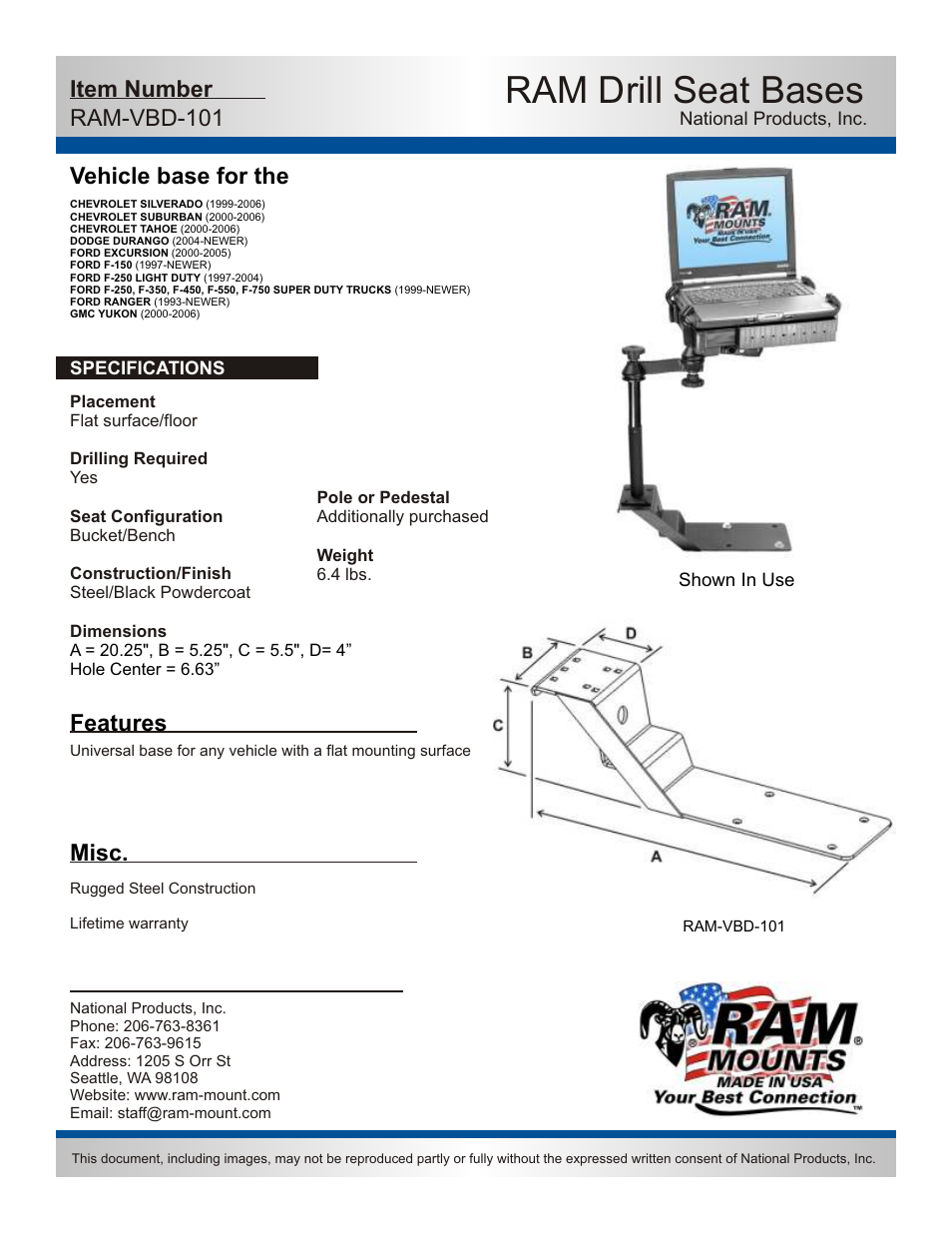 RAM Mount RAM-VBD-101-SW1 User Manual | 2 pages