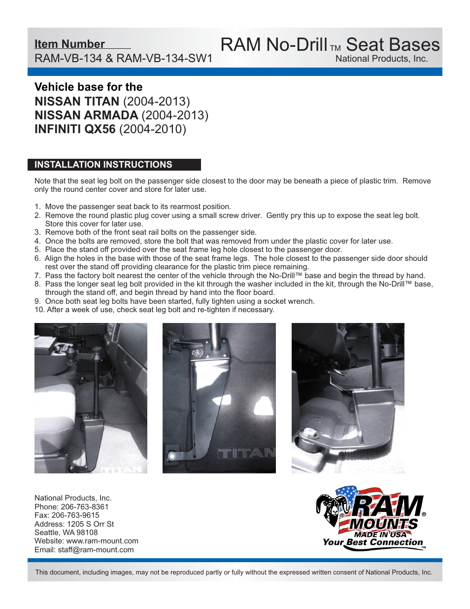 Ram no-drill, Seat bases | RAM Mount RAM-VB-134-SW1 User Manual | Page 2 / 2