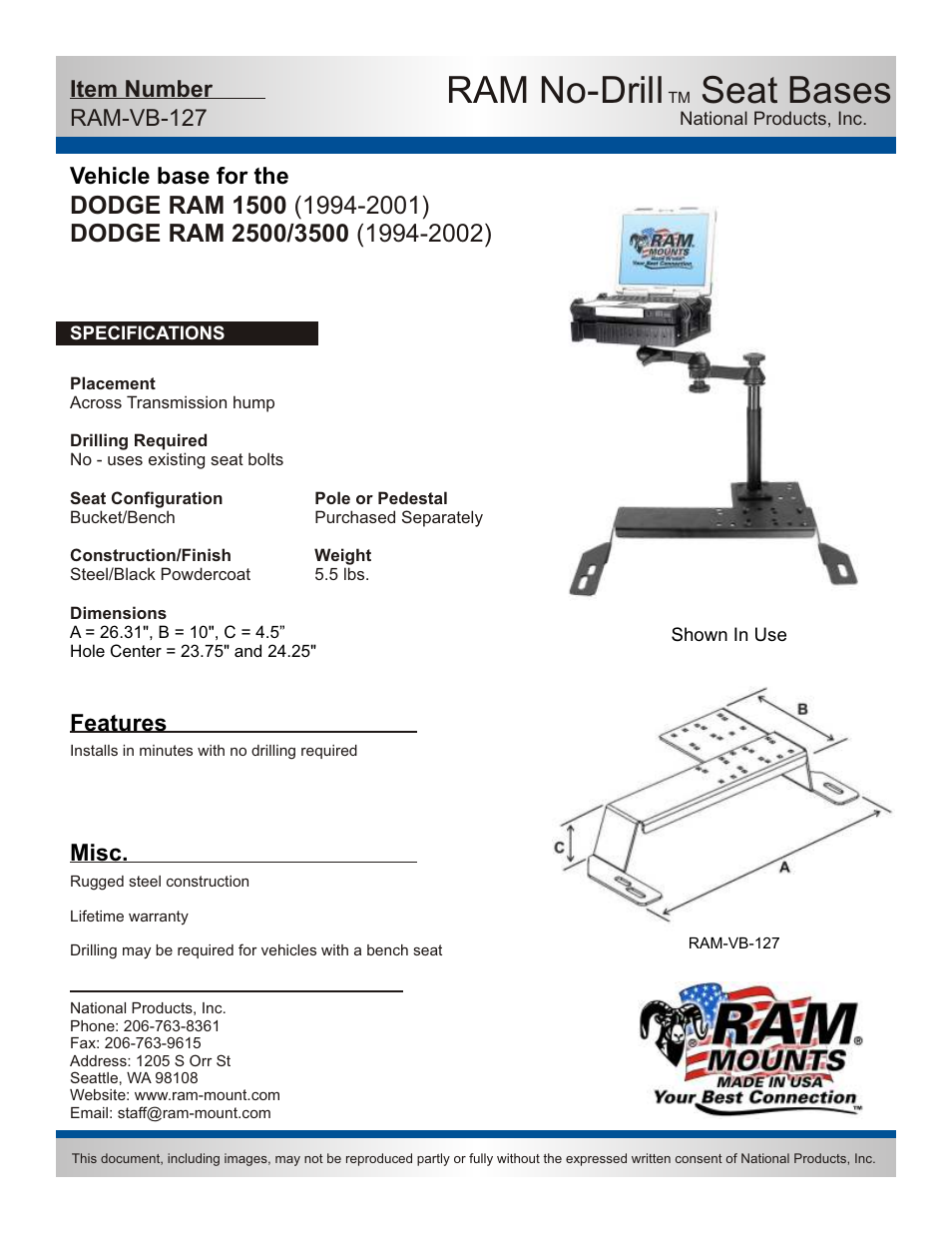 RAM Mount RAM-VB-127-SW1 User Manual | 2 pages