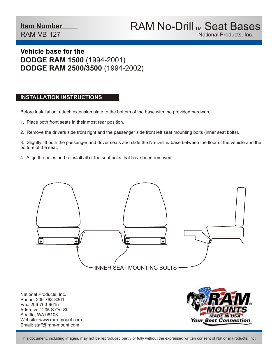 Ram no-drill, Seat bases, Vehicle base for the | Item number ram-vb-127 | RAM Mount RAM-VB-127-SW1 User Manual | Page 2 / 2