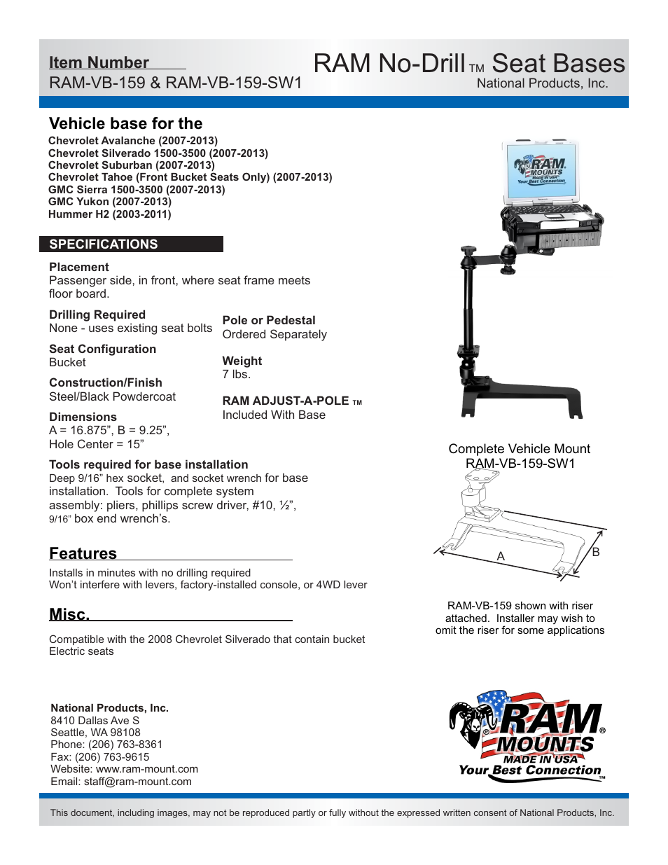 RAM Mount RAM-VB-159-SW1 User Manual | 2 pages