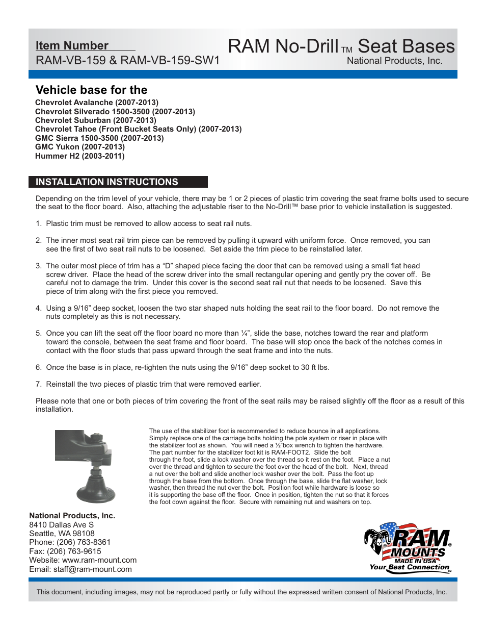 Ram no-drill, Seat bases, Vehicle base for the | Features misc | RAM Mount RAM-VB-159-SW1 User Manual | Page 2 / 2