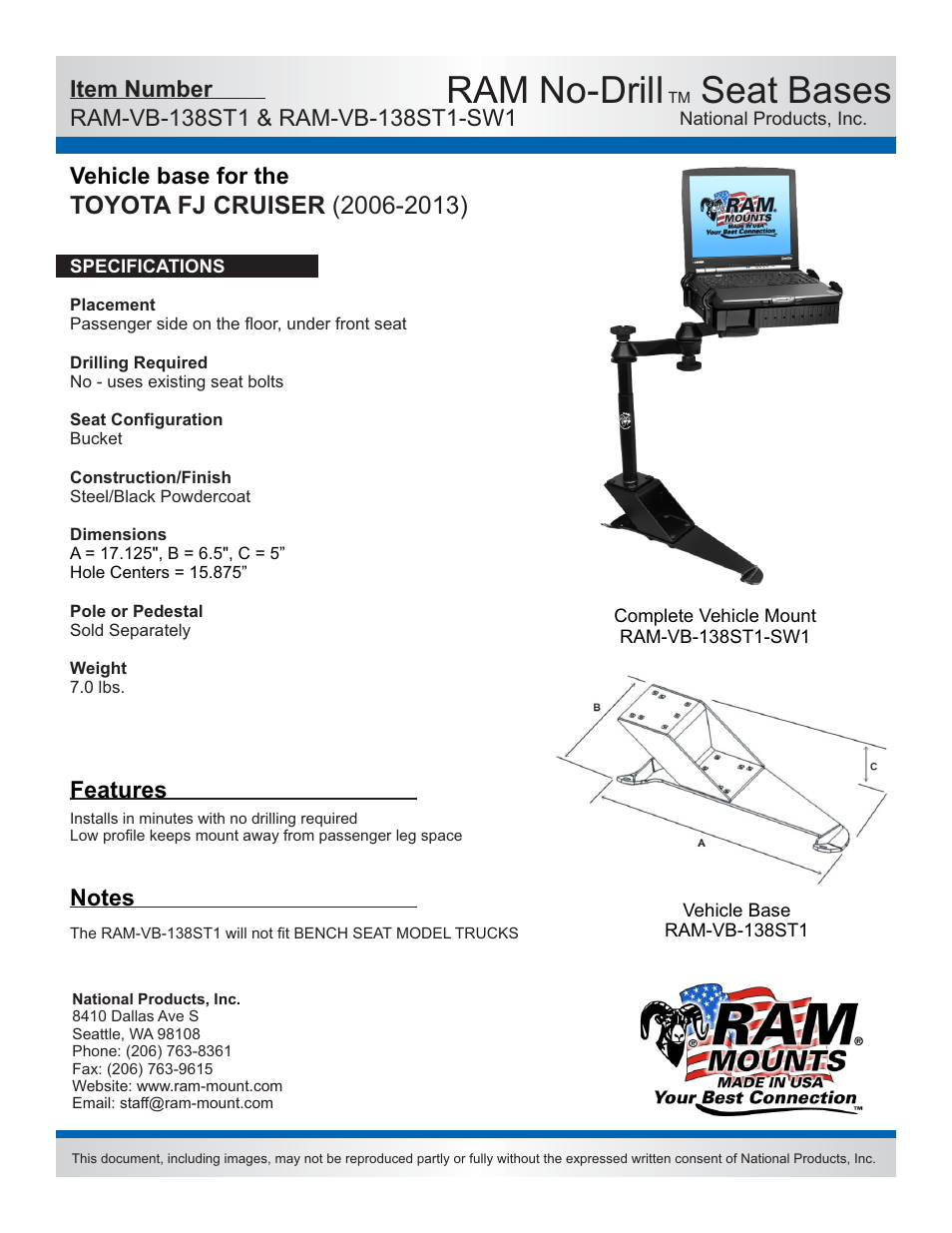 RAM Mount RAM-VB-138ST1-SW1 User Manual | 2 pages