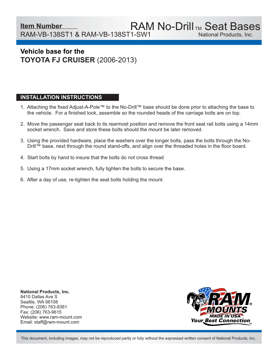 Ram no-drill, Seat bases, Vehicle base for the | RAM Mount RAM-VB-138ST1-SW1 User Manual | Page 2 / 2