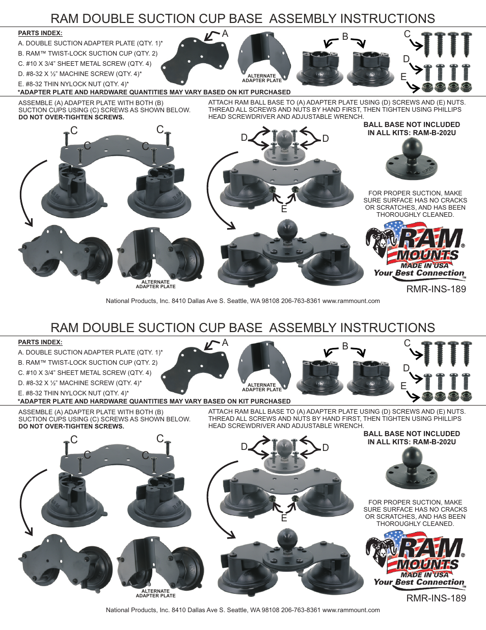 RAM Mount Double suction Cup Base User Manual | 1 page