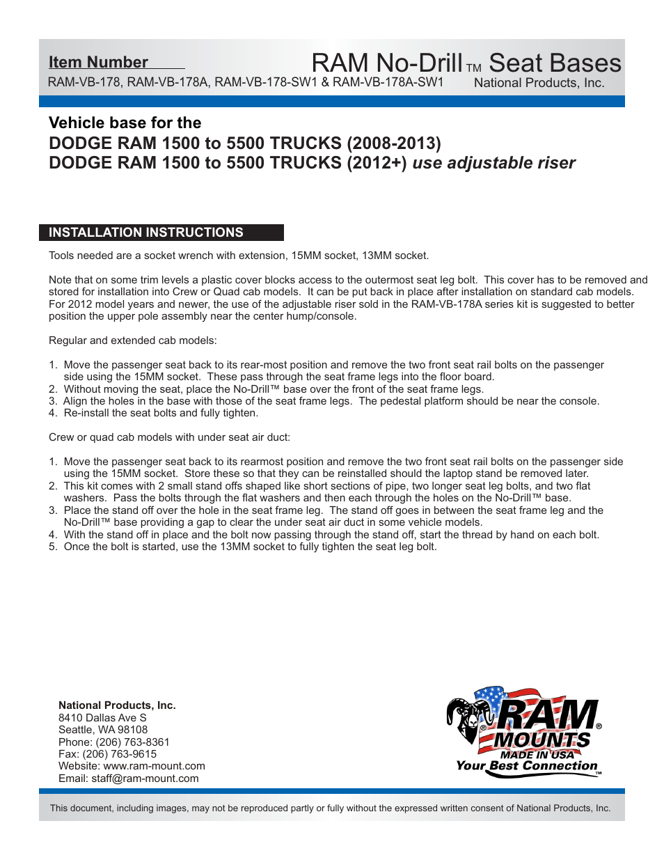 Ram no-drill, Seat bases, Vehicle base for the | Features misc, Item number | RAM Mount RAM-VB-178-SW1 User Manual | Page 2 / 2
