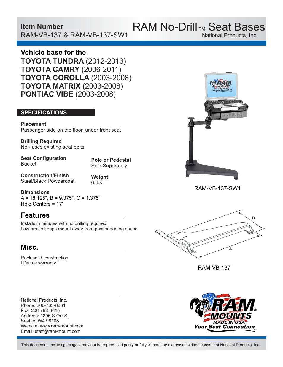 RAM Mount RAM-VB-137-SW1 User Manual | 2 pages