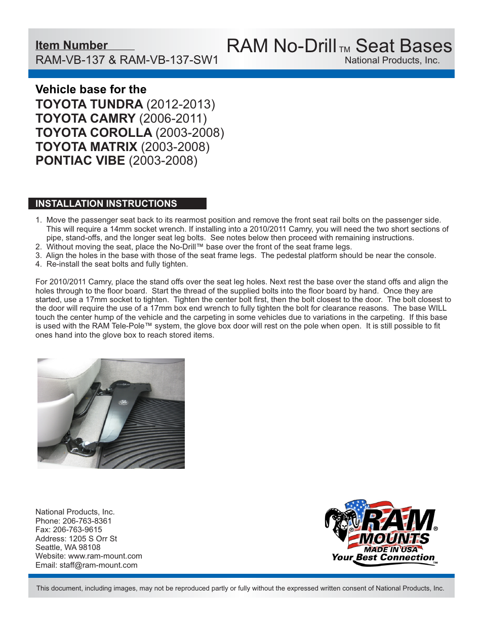 Ram no-drill, Seat bases | RAM Mount RAM-VB-137-SW1 User Manual | Page 2 / 2