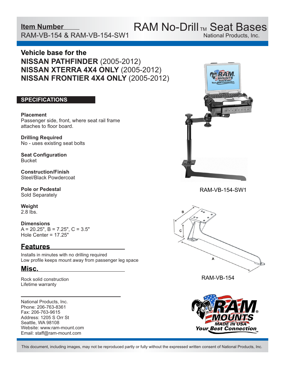 RAM Mount RAM-VB-154-SW1 User Manual | 2 pages