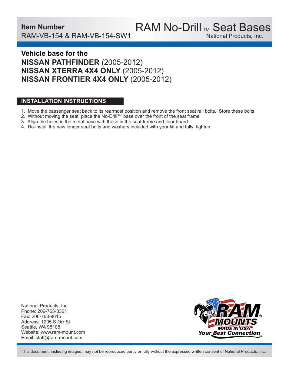 Ram no-drill, Seat bases | RAM Mount RAM-VB-154-SW1 User Manual | Page 2 / 2