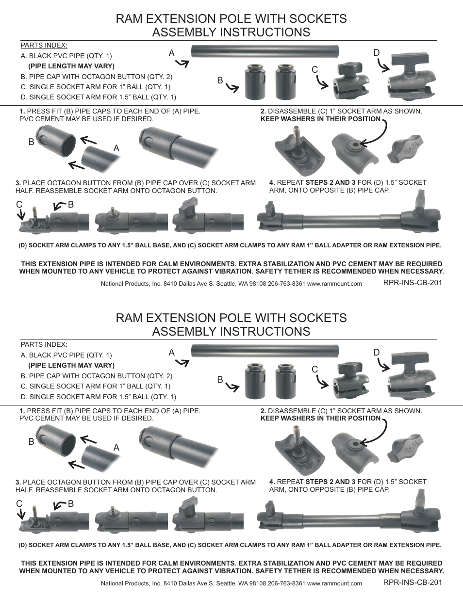 RAM Mount Extension Pole with Sockets User Manual | 1 page