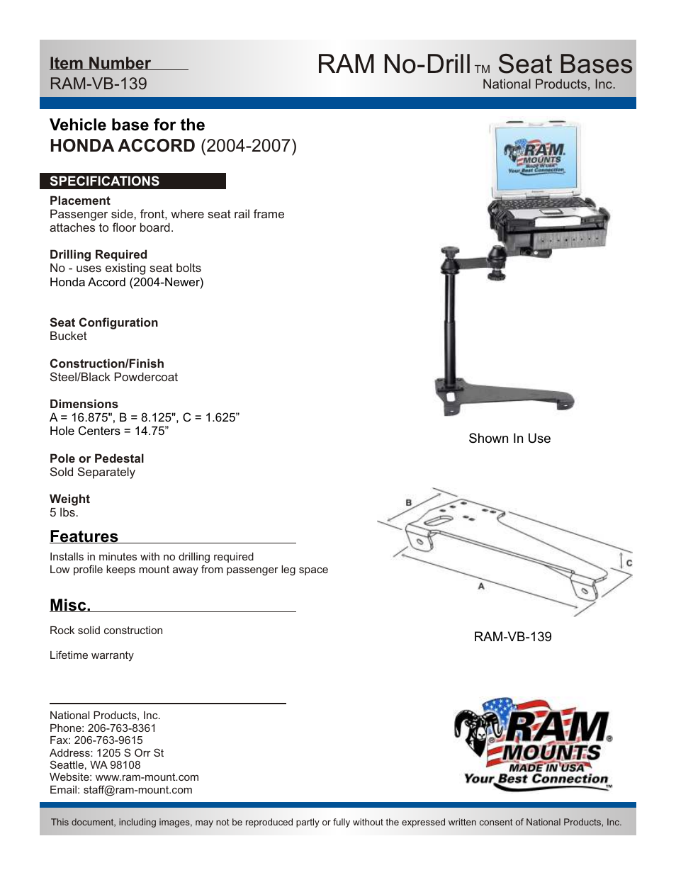 RAM Mount RAM-VB-139-SW1 User Manual | 2 pages