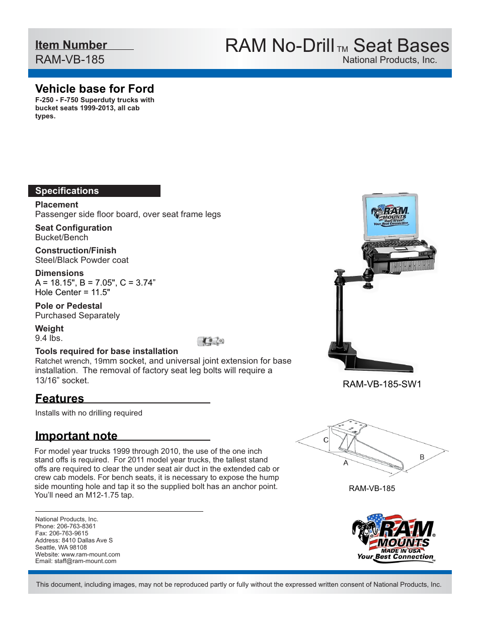 RAM Mount RAM-VB-185-SW1 User Manual | 2 pages