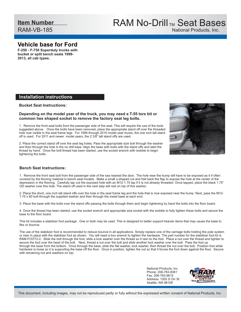 Ram no-drill, Seat bases, Vehicle base for ford | Item number ram-vb-185 | RAM Mount RAM-VB-185-SW1 User Manual | Page 2 / 2