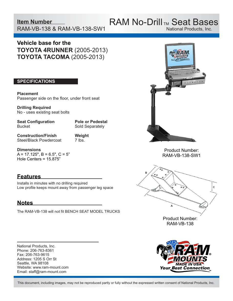 RAM Mount RAM-VB-138-SW1 User Manual | 2 pages