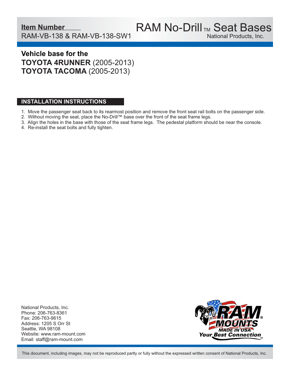 Ram no-drill, Seat bases | RAM Mount RAM-VB-138-SW1 User Manual | Page 2 / 2