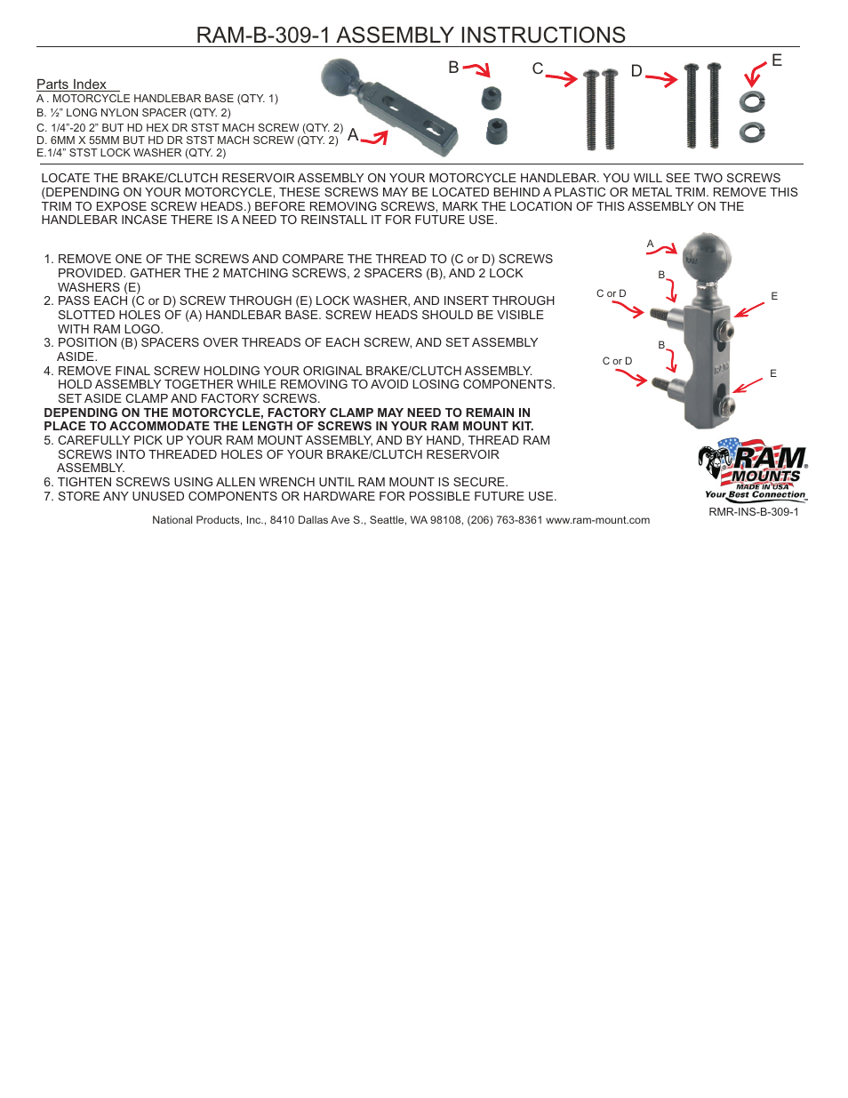 RAM Mount RAM-B-309-1 Series User Manual | 1 page