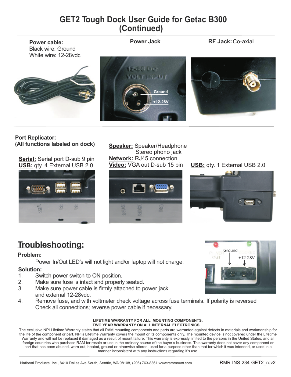 Continued), Troubleshooting, Get2 tough dock user guide for getac b300 | RAM Mount Tough Dock for Getac B300 User Manual | Page 2 / 2