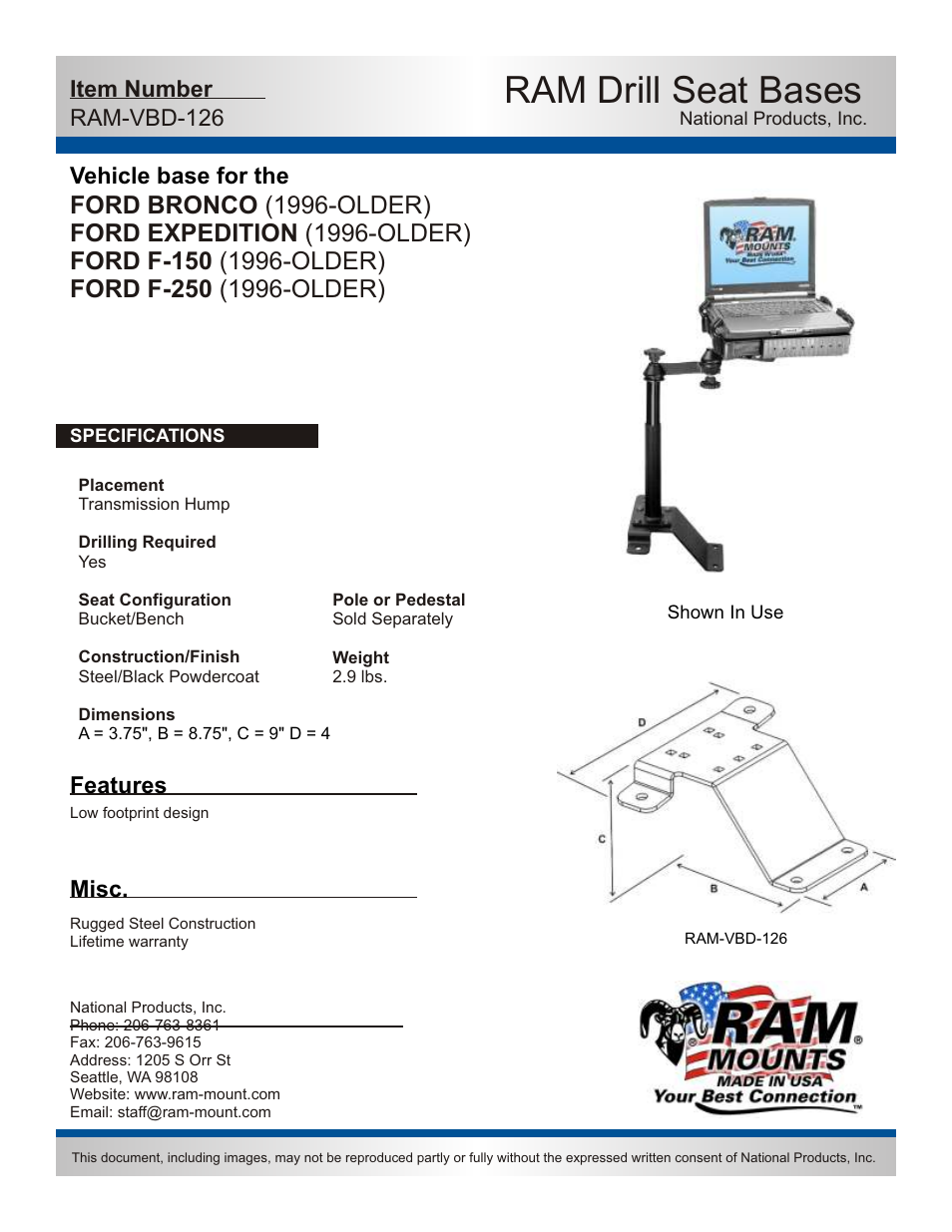 RAM Mount RAM-VBD-126-SW1 User Manual | 2 pages