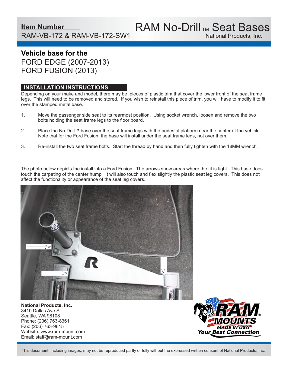 Ram no-drill, Seat bases, Vehicle base for the | Features | RAM Mount RAM-VB-172-SW1 User Manual | Page 2 / 2