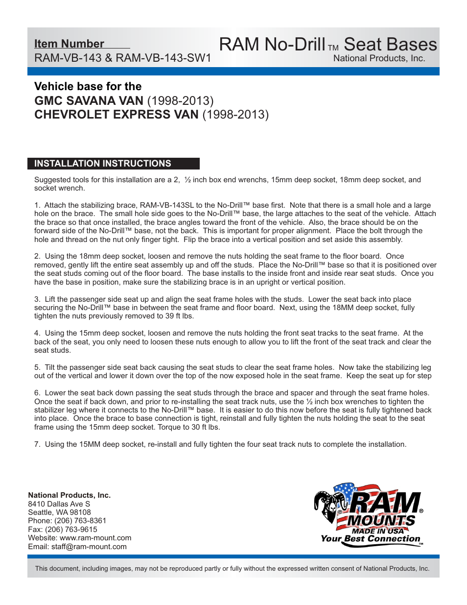 Ram no-drill, Seat bases, Vehicle base for the | Features | RAM Mount RAM-VB-143-SW1 User Manual | Page 2 / 2