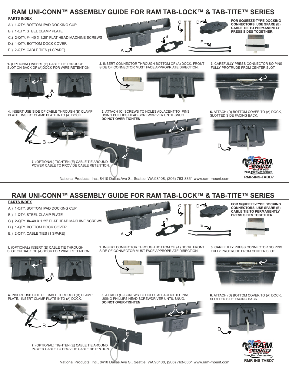 RAM Mount Uni-Conn™ Assembly Guide for RAM Tab-Lock™ & Tab-Tite™ Series User Manual | 1 page
