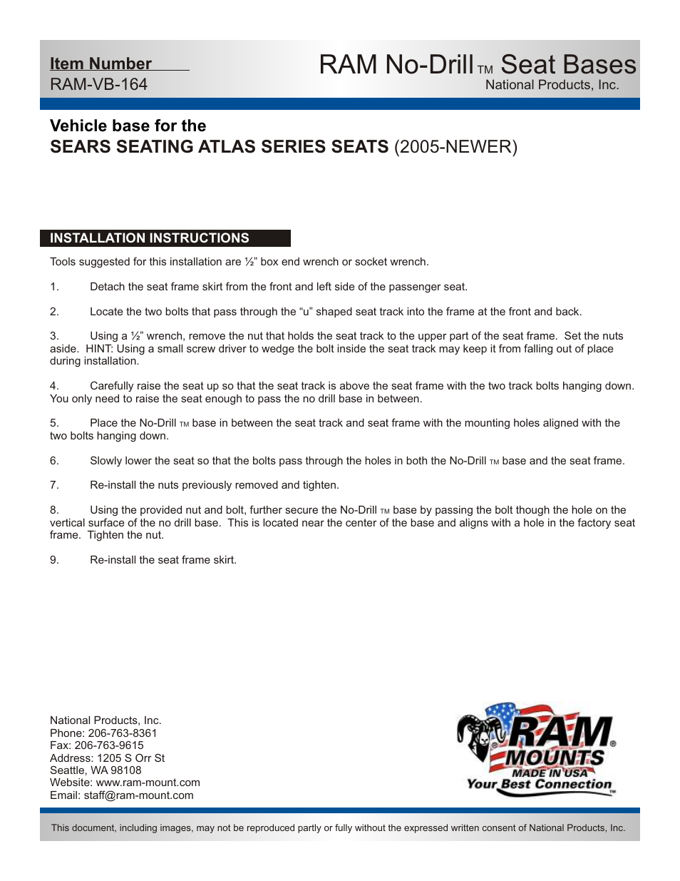 Ram no-drill, Seat bases, Sears seating atlas series seats (2005-newer) | Vehicle base for the, Item number ram-vb-164 | RAM Mount RAM-VB-164-SW1 User Manual | Page 2 / 2