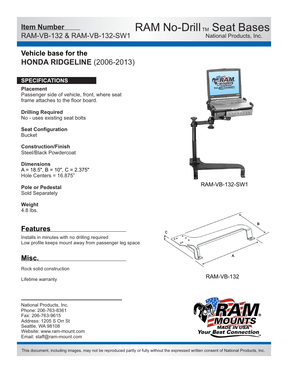 RAM Mount RAM-VB-132-SW1 User Manual | 2 pages