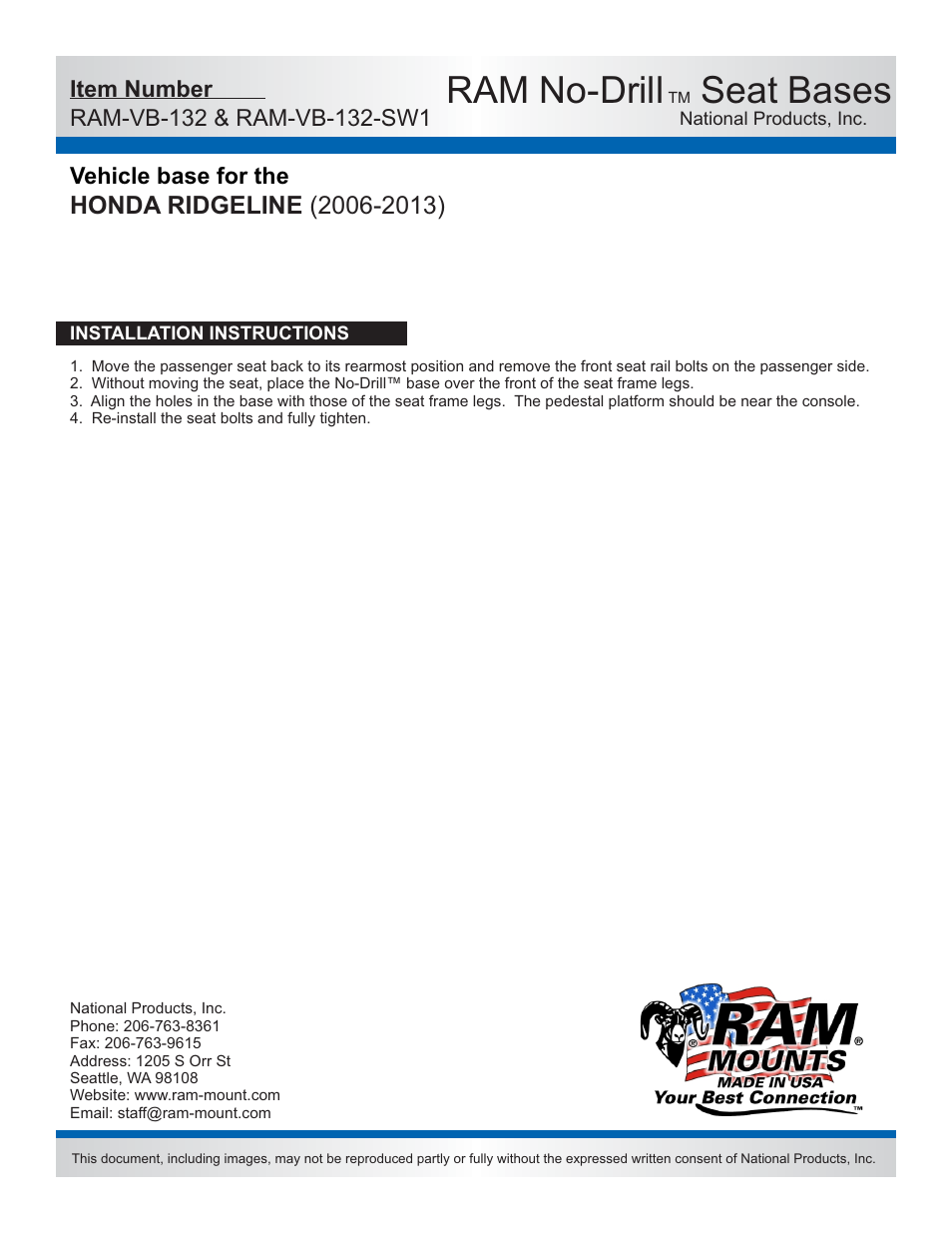 Ram no-drill, Seat bases | RAM Mount RAM-VB-132-SW1 User Manual | Page 2 / 2