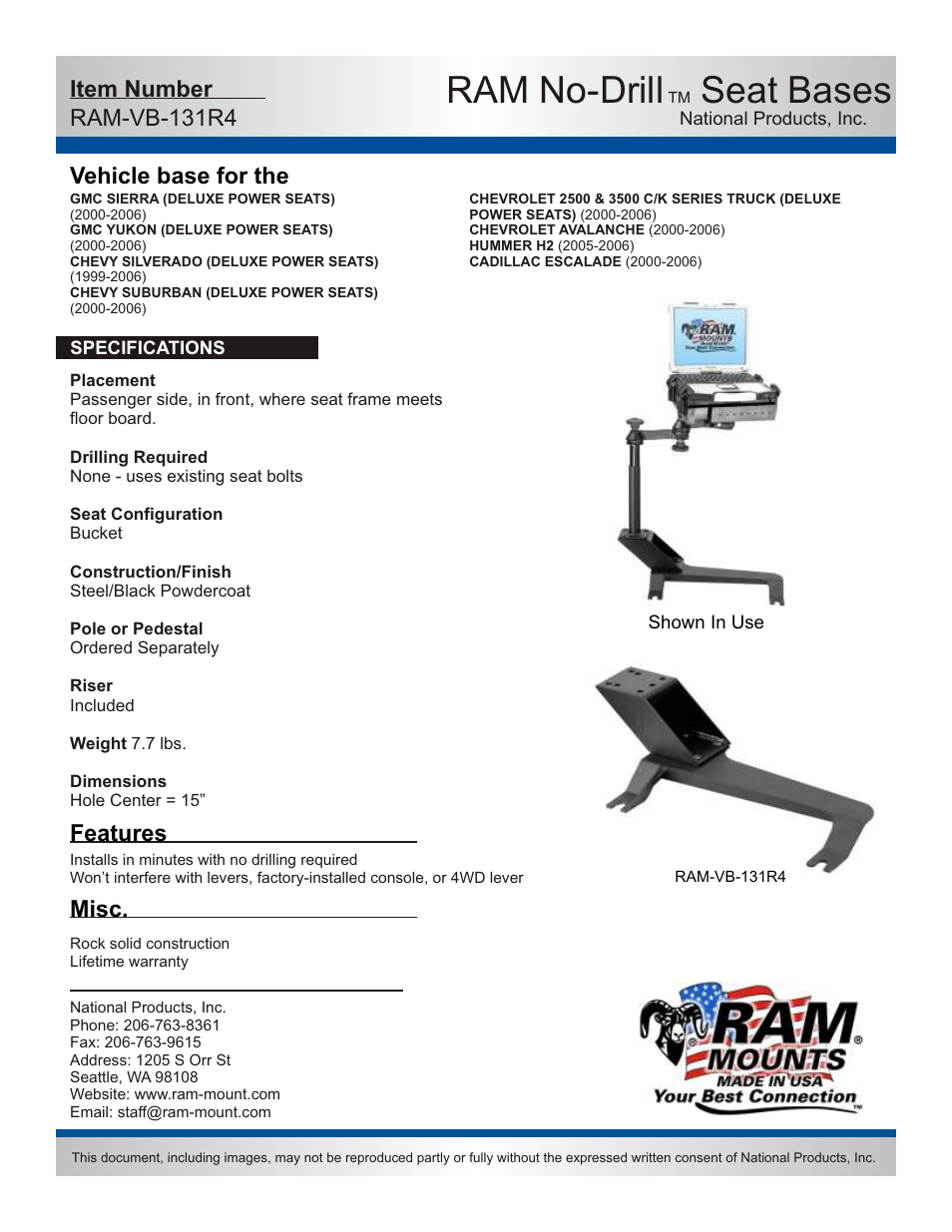 RAM Mount RAM-VB-131R4-SW1 User Manual | 2 pages
