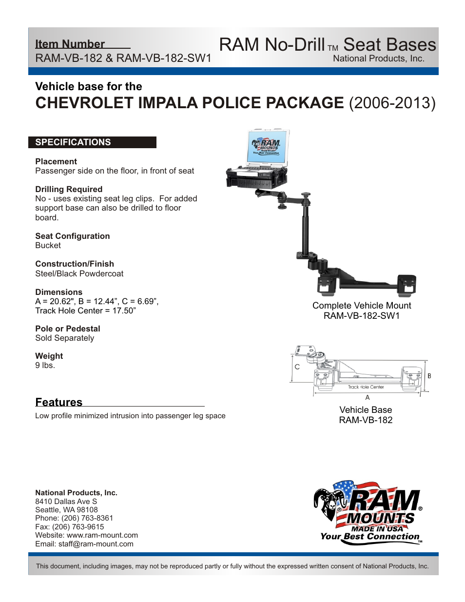 RAM Mount RAM-VB-182-SW1 User Manual | 2 pages