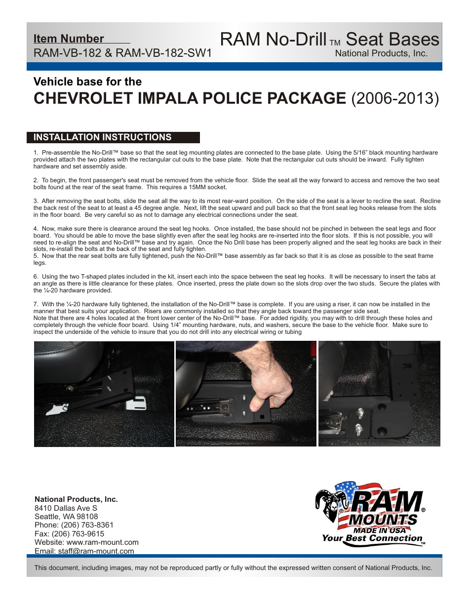 Ram no-drill, Seat bases, Vehicle base for the | Features | RAM Mount RAM-VB-182-SW1 User Manual | Page 2 / 2