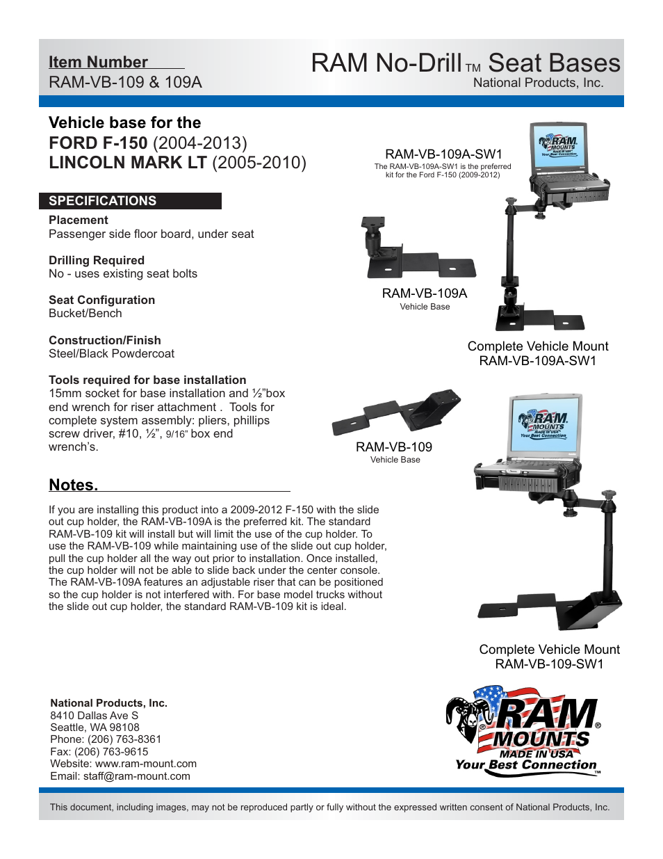 RAM Mount RAM-VB-109-SW1 User Manual | 2 pages