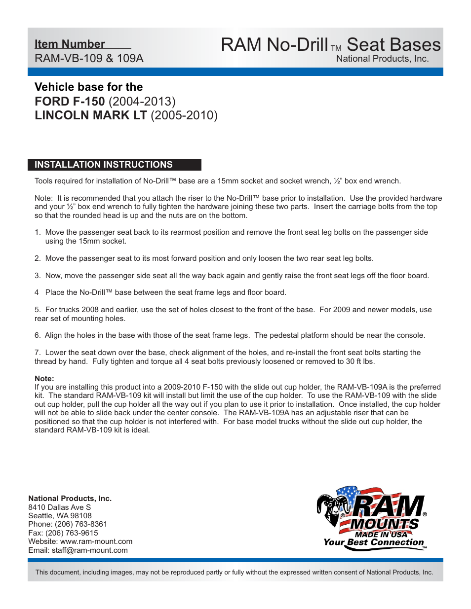 Ram no-drill, Seat bases, Vehicle base for the | RAM Mount RAM-VB-109-SW1 User Manual | Page 2 / 2