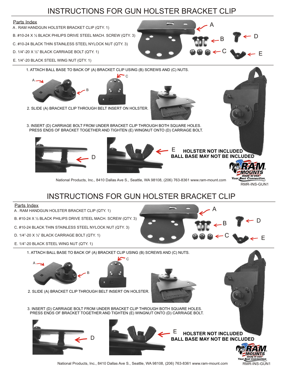 RAM Mount Gun Holster Bracket Clip User Manual | 1 page