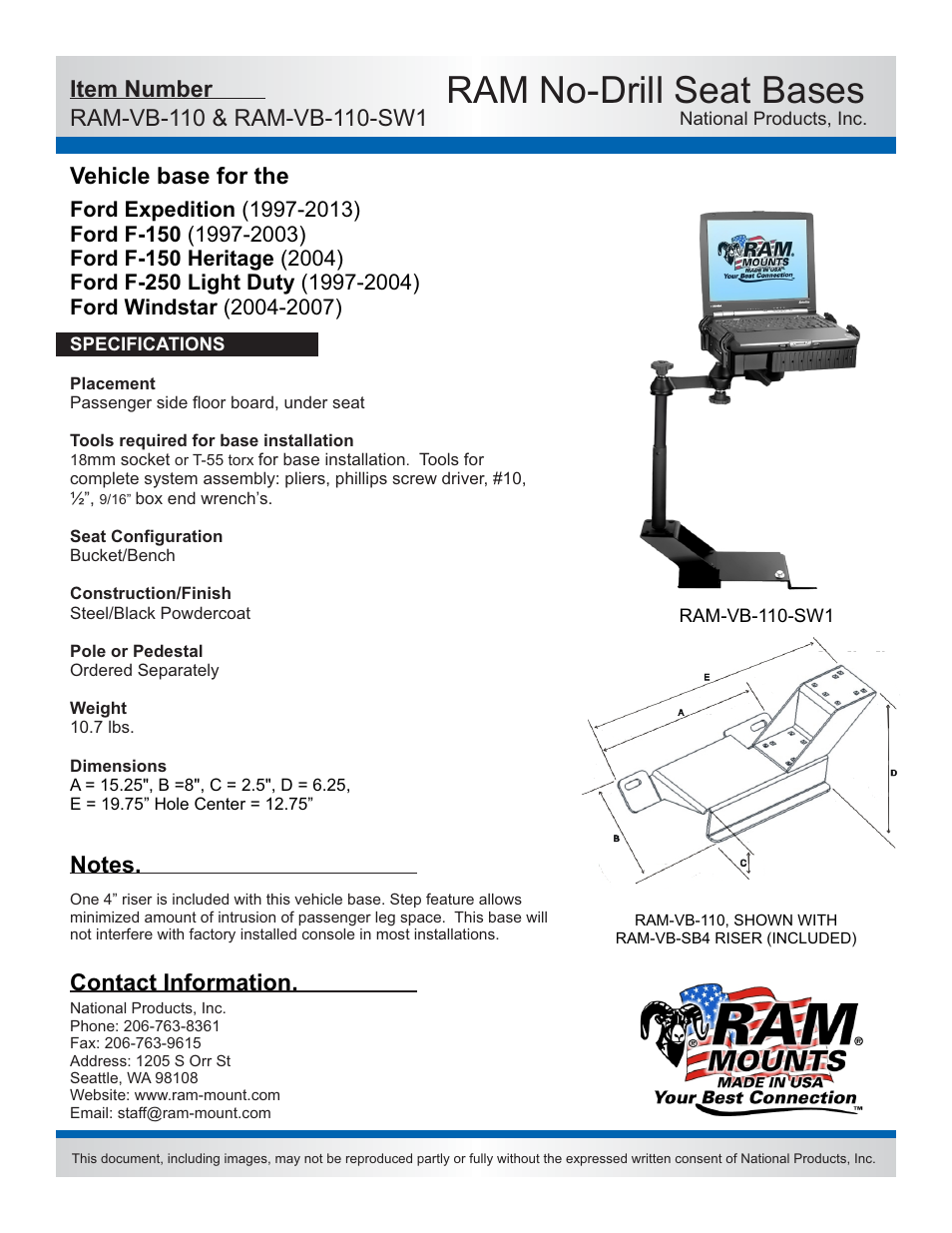 RAM Mount RAM-VB-110-SW1 User Manual | 2 pages