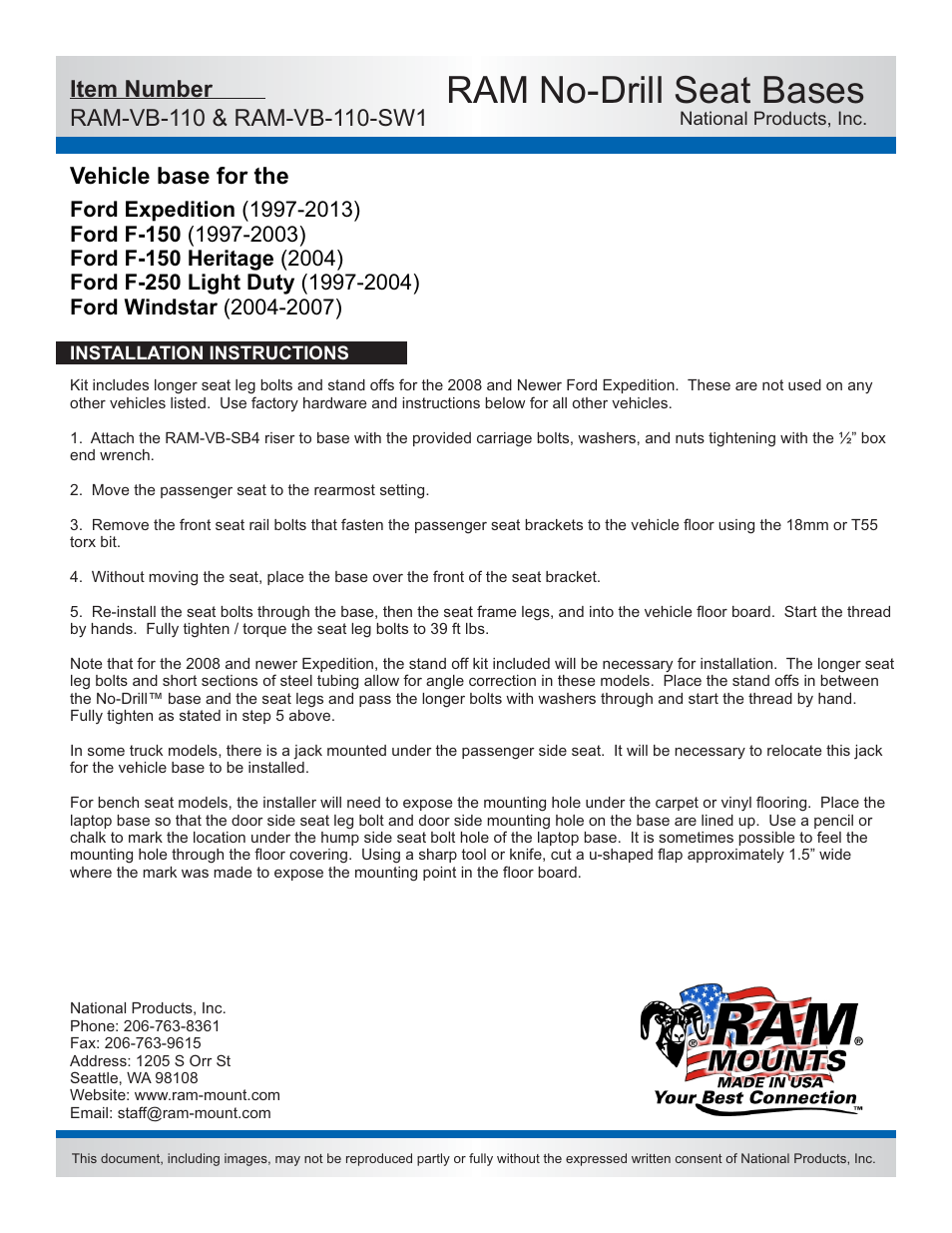 Ram no-drill seat bases, Vehicle base for the | RAM Mount RAM-VB-110-SW1 User Manual | Page 2 / 2