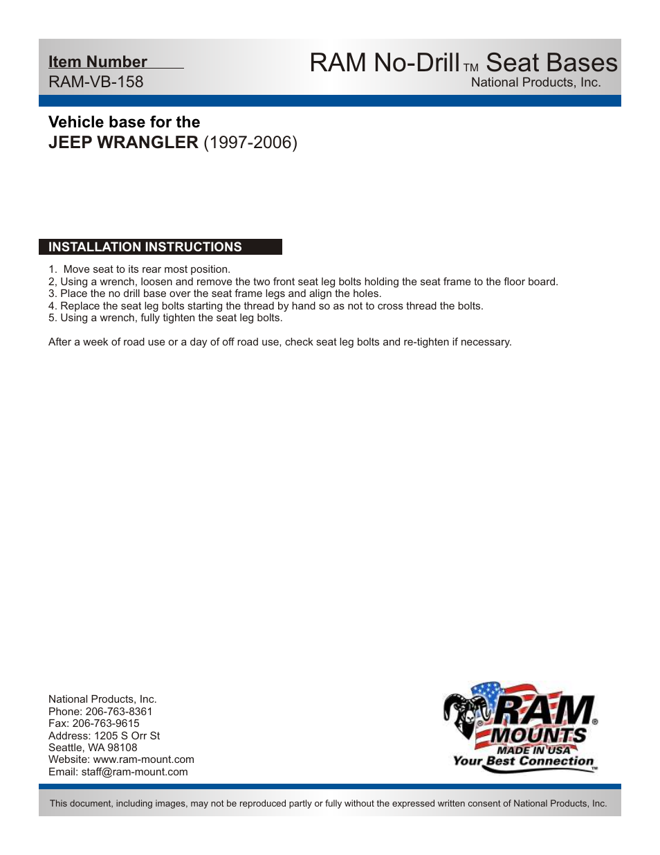 Ram no-drill, Seat bases | RAM Mount RAM-VB-158-SW1 User Manual | Page 2 / 2