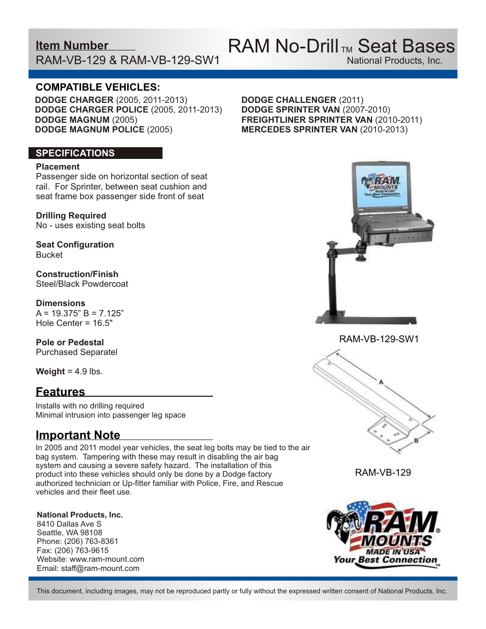 RAM Mount RAM-VB-129-SW1 User Manual | 2 pages