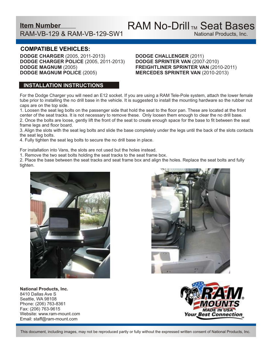 Ram no-drill, Seat bases, Features | RAM Mount RAM-VB-129-SW1 User Manual | Page 2 / 2