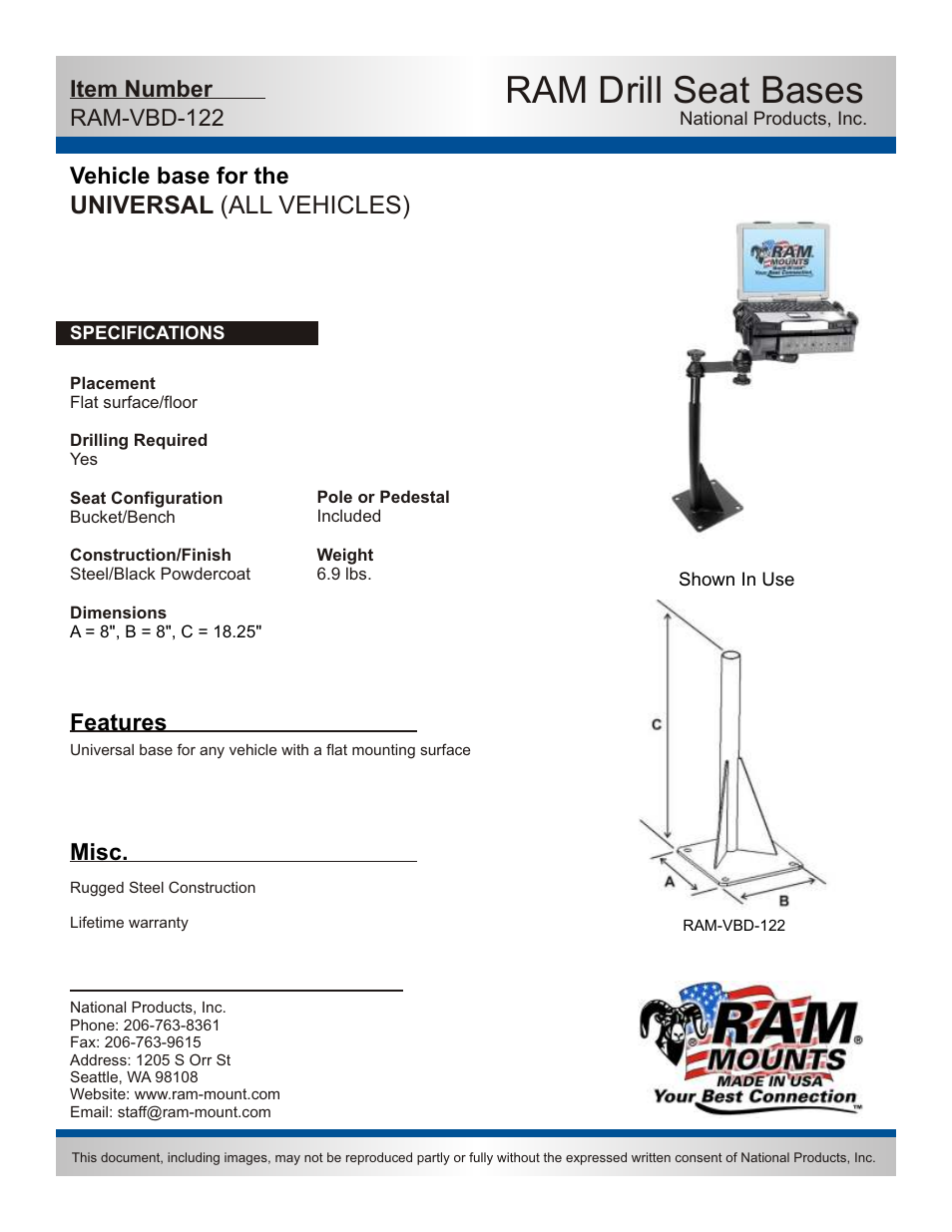 RAM Mount RAM-VBD-122-SW1 User Manual | 2 pages