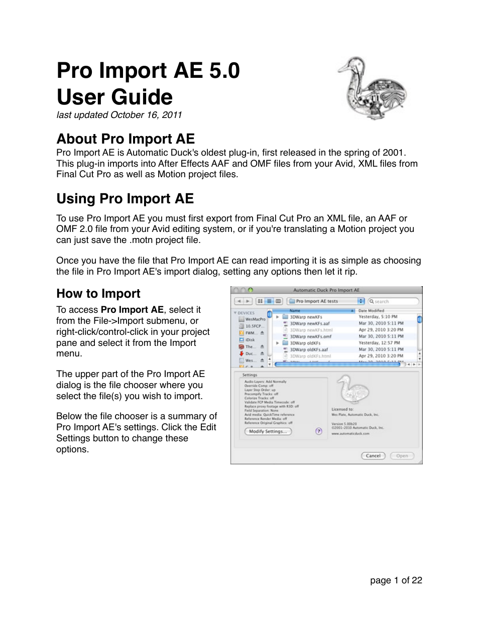 Automatic Duck Pro Import AE 5.0 (Win 64-bit for CS5 or CS5.5) User Manual | 22 pages
