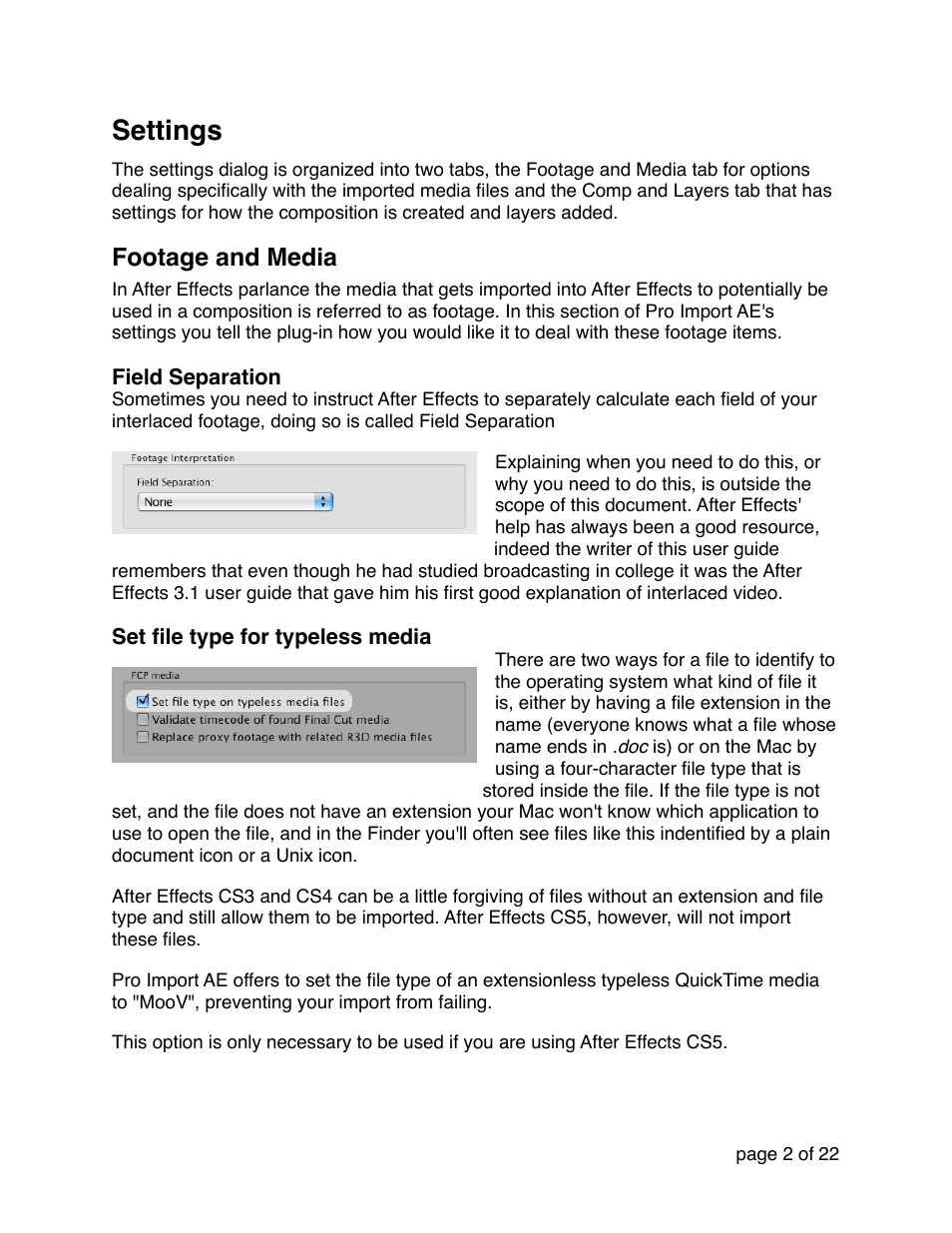 Settings, Footage and media | Automatic Duck Pro Import AE 5.0 (Win 64-bit for CS5 or CS5.5) User Manual | Page 2 / 22