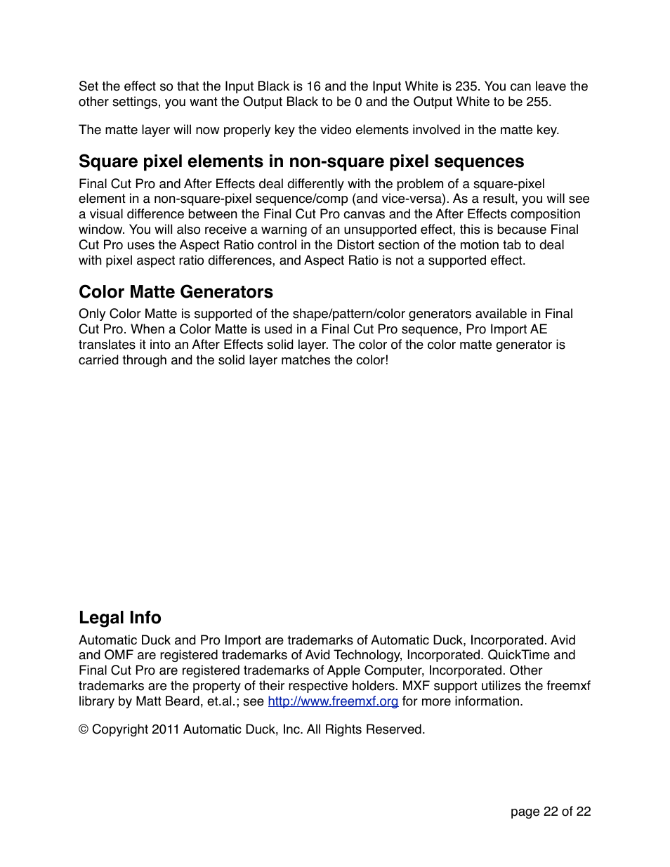 Color matte generators, Legal info | Automatic Duck Pro Import AE 5.0 (Win 64-bit for CS5 or CS5.5) User Manual | Page 22 / 22