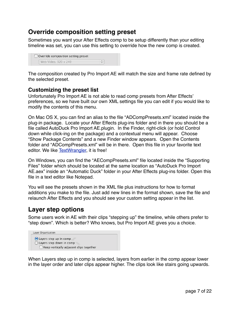 Override composition setting preset, Layer step options | Automatic Duck Pro Import AE 5.0 (Win 64-bit for CS5 or CS5.5) User Manual | Page 7 / 22