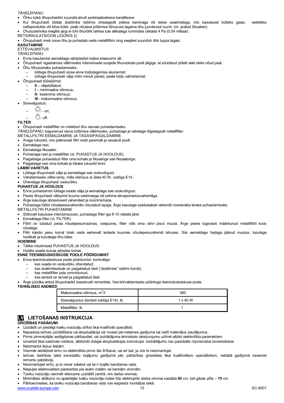 Lv lieto anas instrukcija | Scarlett SC-8001 User Manual | Page 13 / 19